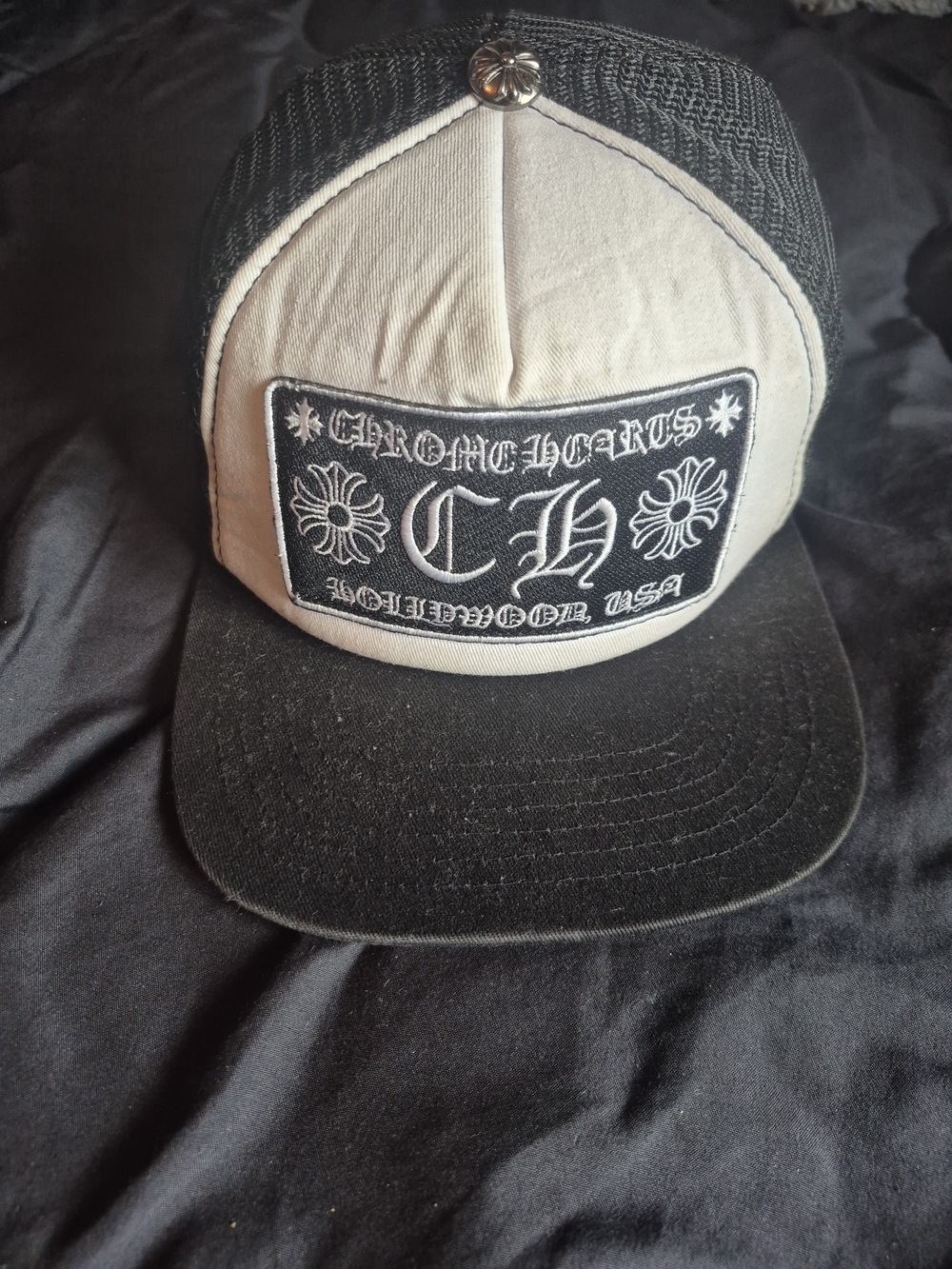 Chrome Hearts Black and Cream Patch Trucker Hat